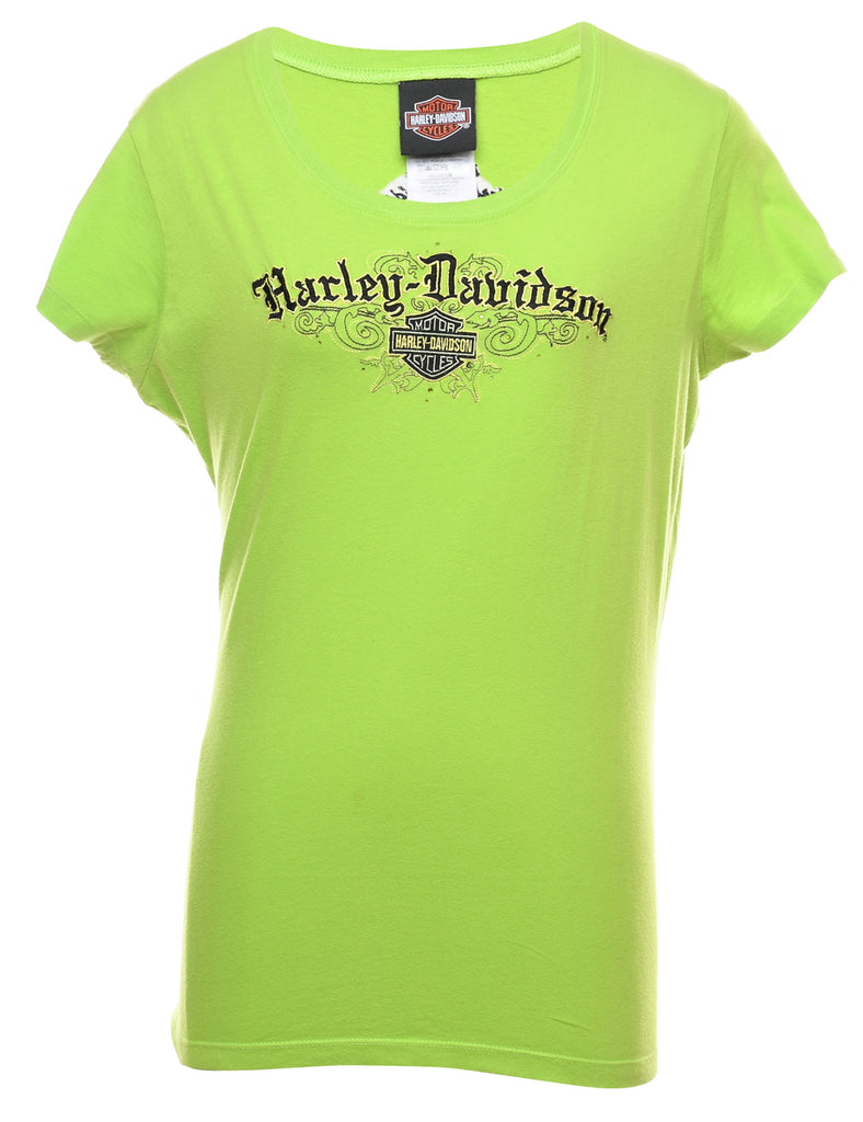 Harley Davidson Printed Lime Green Y2K T-shirt - L