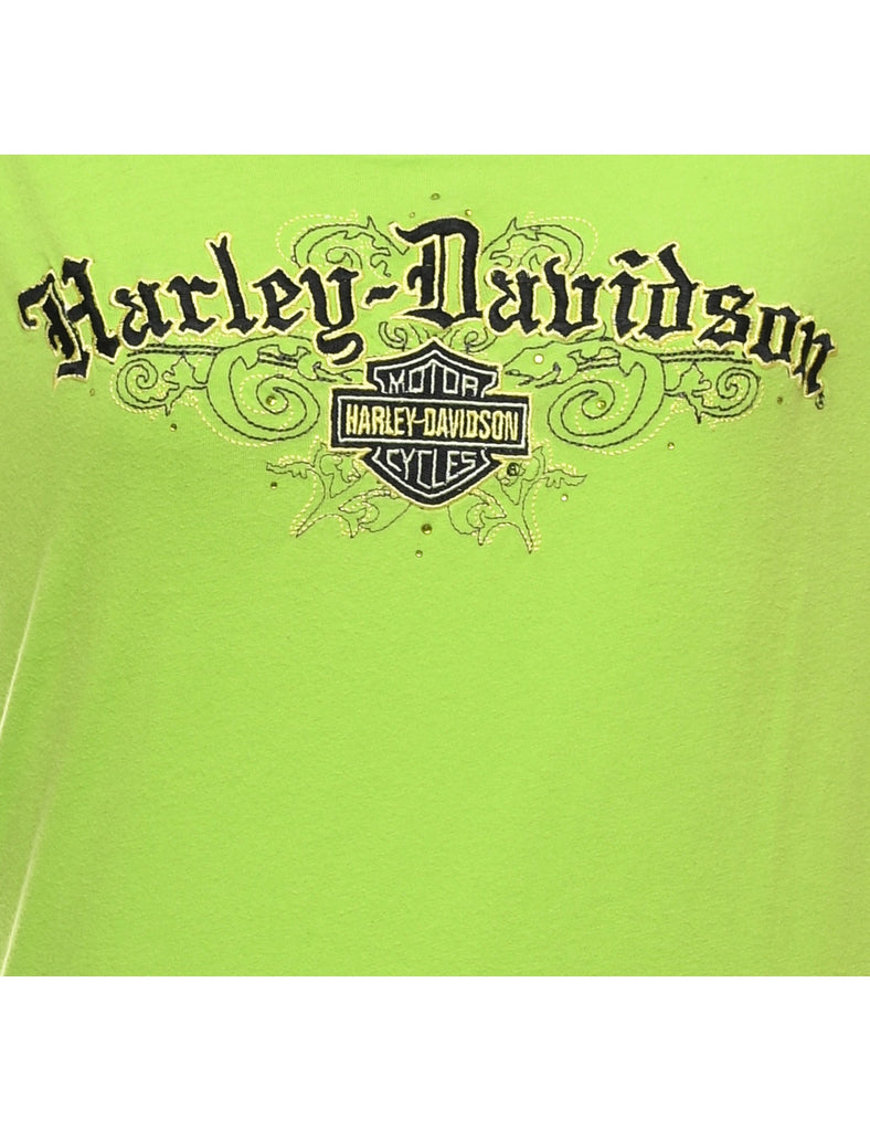 Harley Davidson Printed Lime Green Y2K T-shirt - L