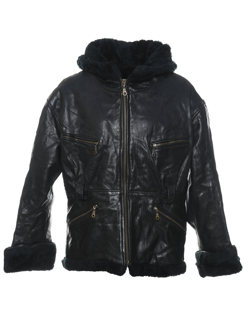 Hooded Black Faux Shearling Lined Classic Leather Jacket - L