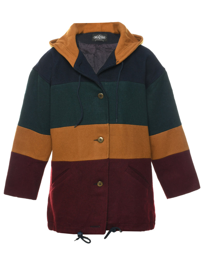 Hooded Colour Block Wool Coat - L