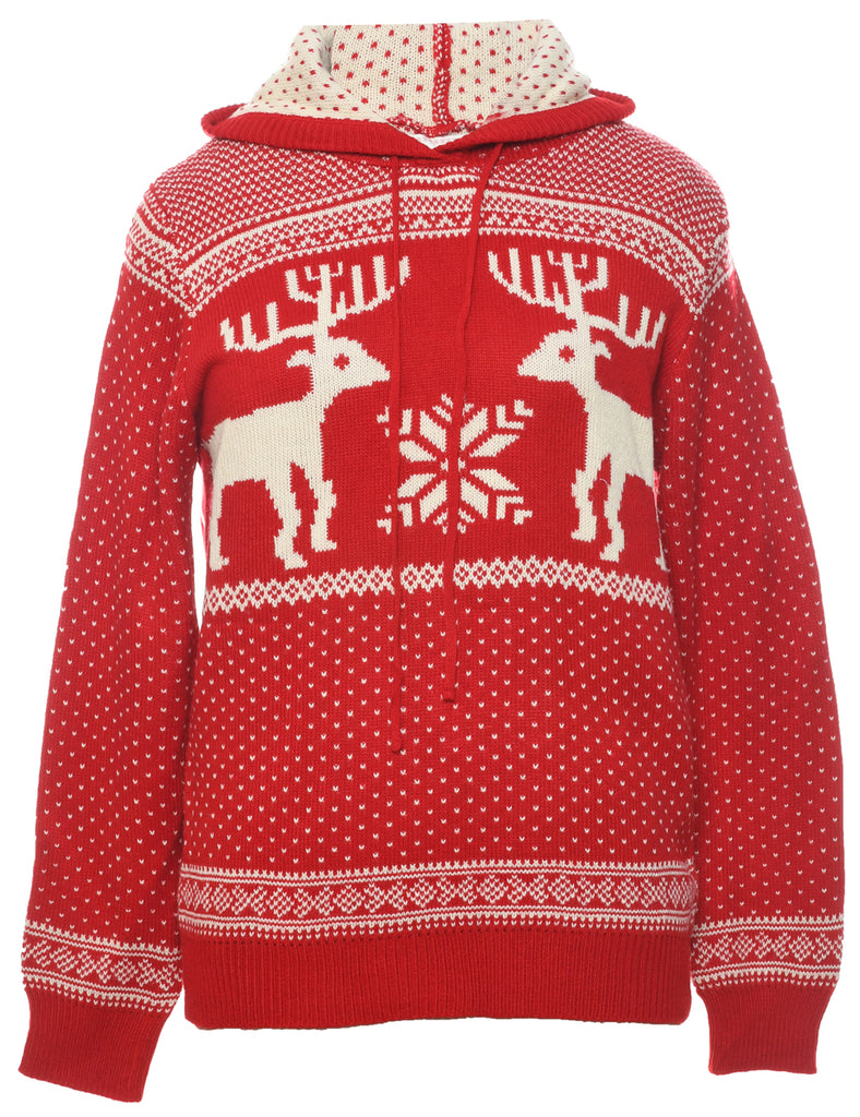 Hooded Nordic Red Jumper - L