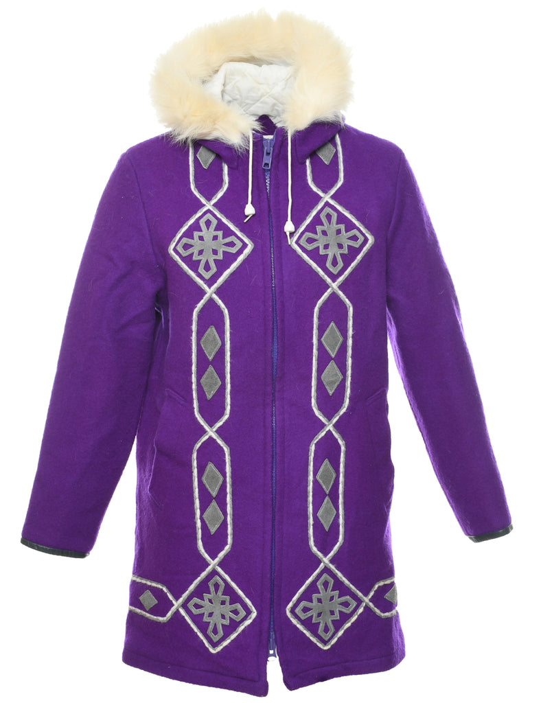 Hooded Purple Wool Coat - L