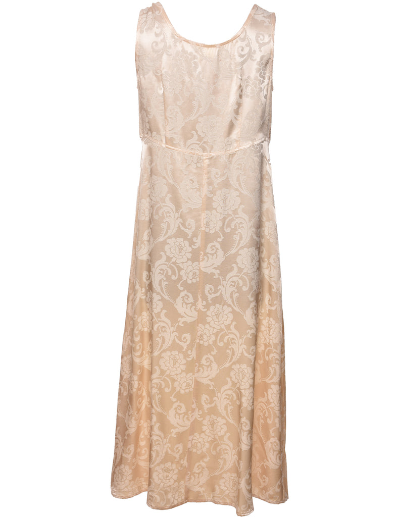 Jacquard Design Beige Metallic Floral Evening Dress - L