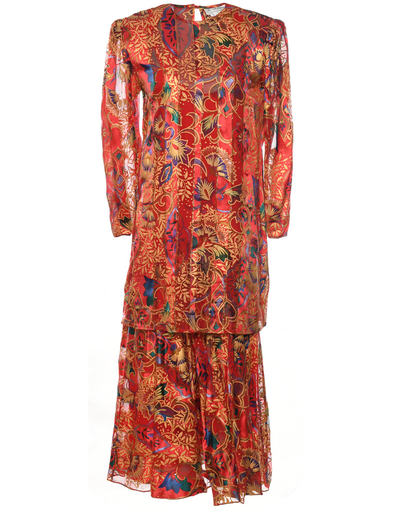 Leafy Print 1980s Multi-Colour Silk Evening Dress - L