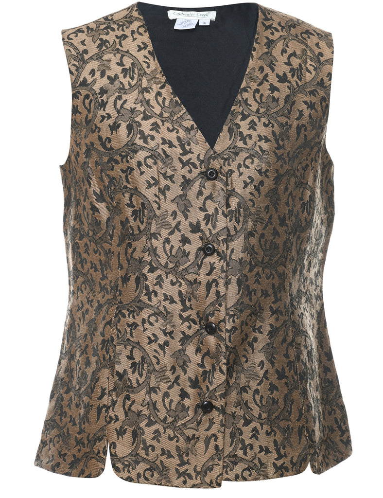 Leafy Print Black & Brown 1990s Waistcoat - S