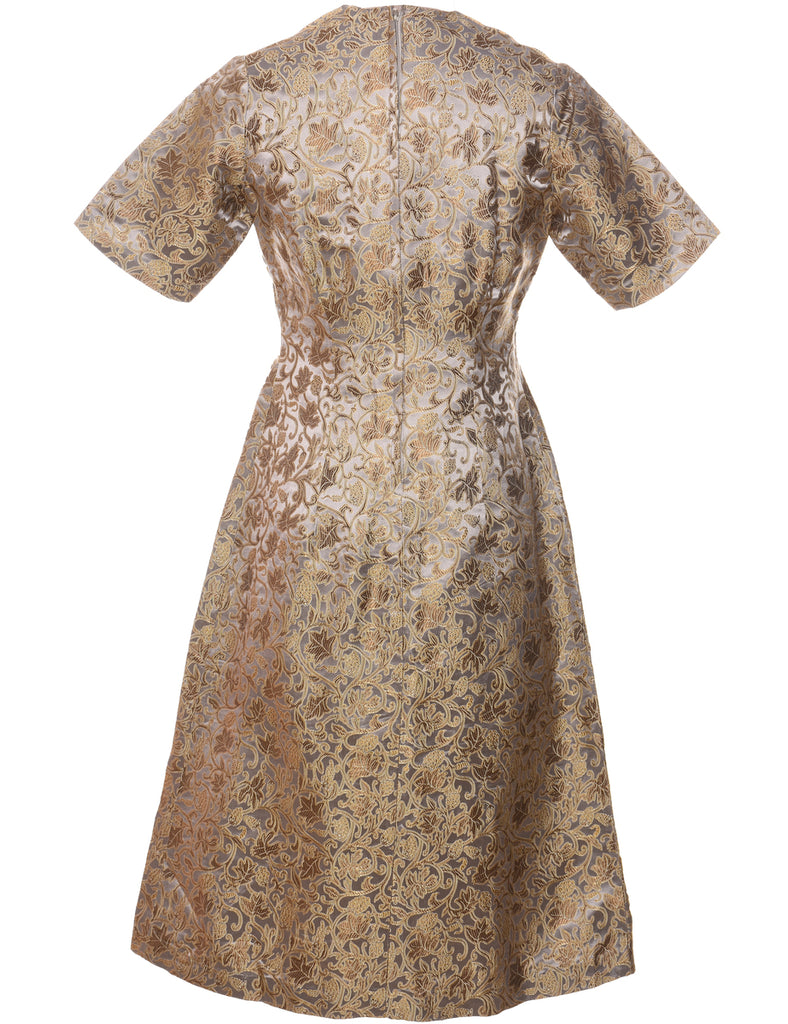 Leafy Print Gold & Mauve Metallic Evening Dress - M