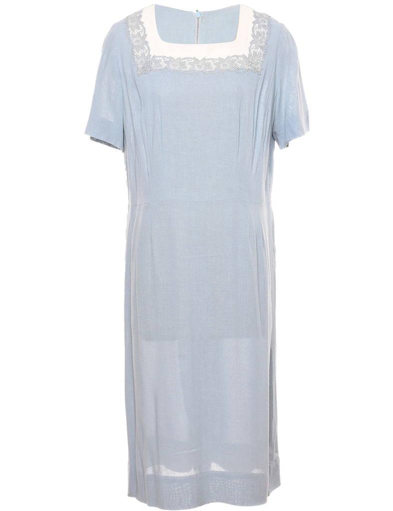 Light Blue & White Casual Lace Trim Dress - L