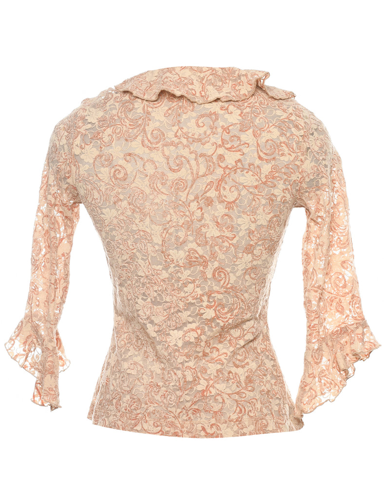 Light Brown & Orange Y2K Ruffled Blouse - M