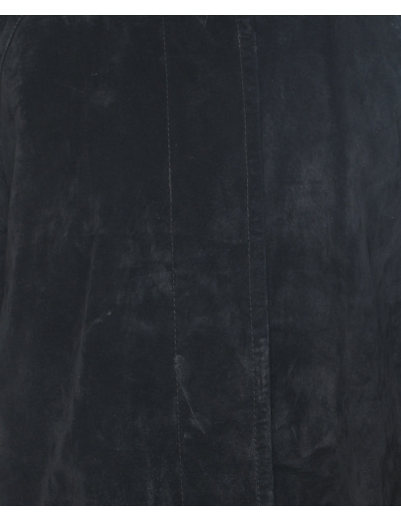 Long Black Button-Front Suede Jacket - XS