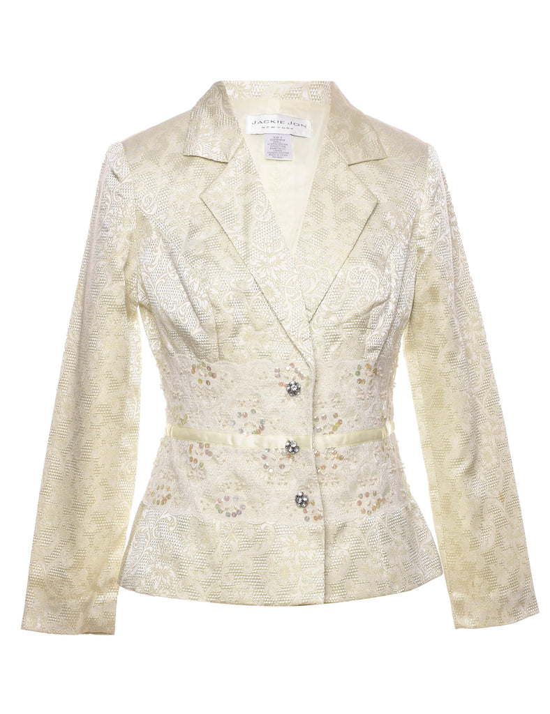 Lurex Thread Pattern Pale Yellow Beaded & Sequined Evening Jacket - M