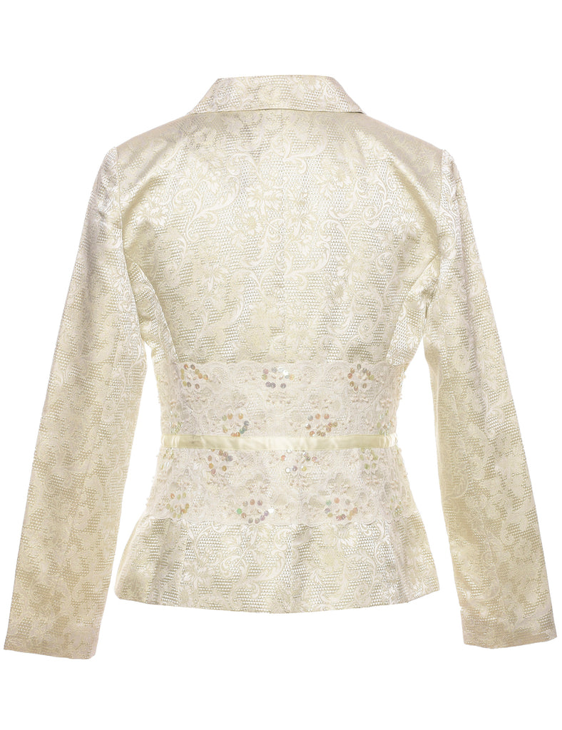 Lurex Thread Pattern Pale Yellow Beaded & Sequined Evening Jacket - M
