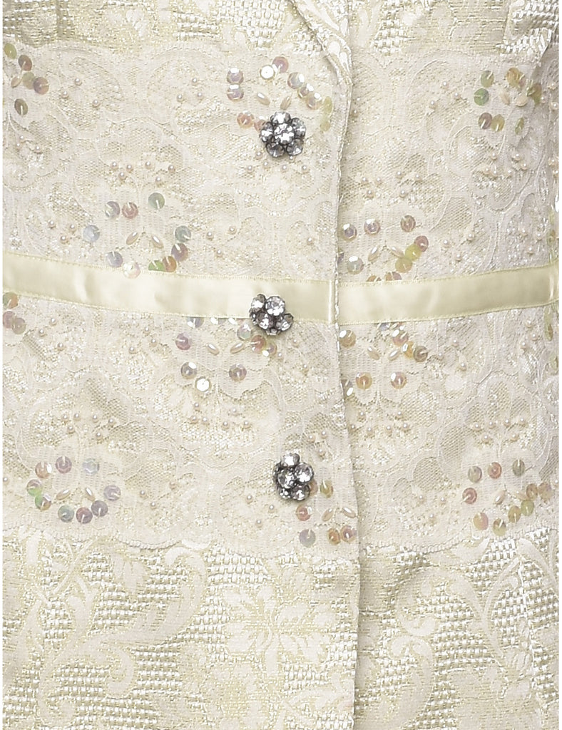 Lurex Thread Pattern Pale Yellow Beaded & Sequined Evening Jacket - M