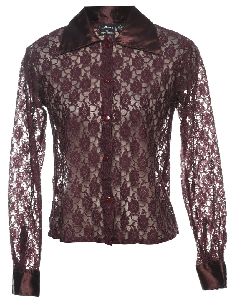 Maroon Classic Floral Lace Sheer Blouse - S