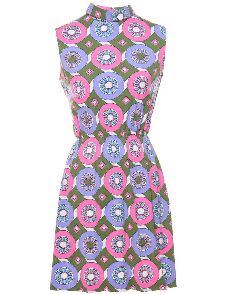 Medallion Print Multi-Colour High Neck Mini Dress - XS