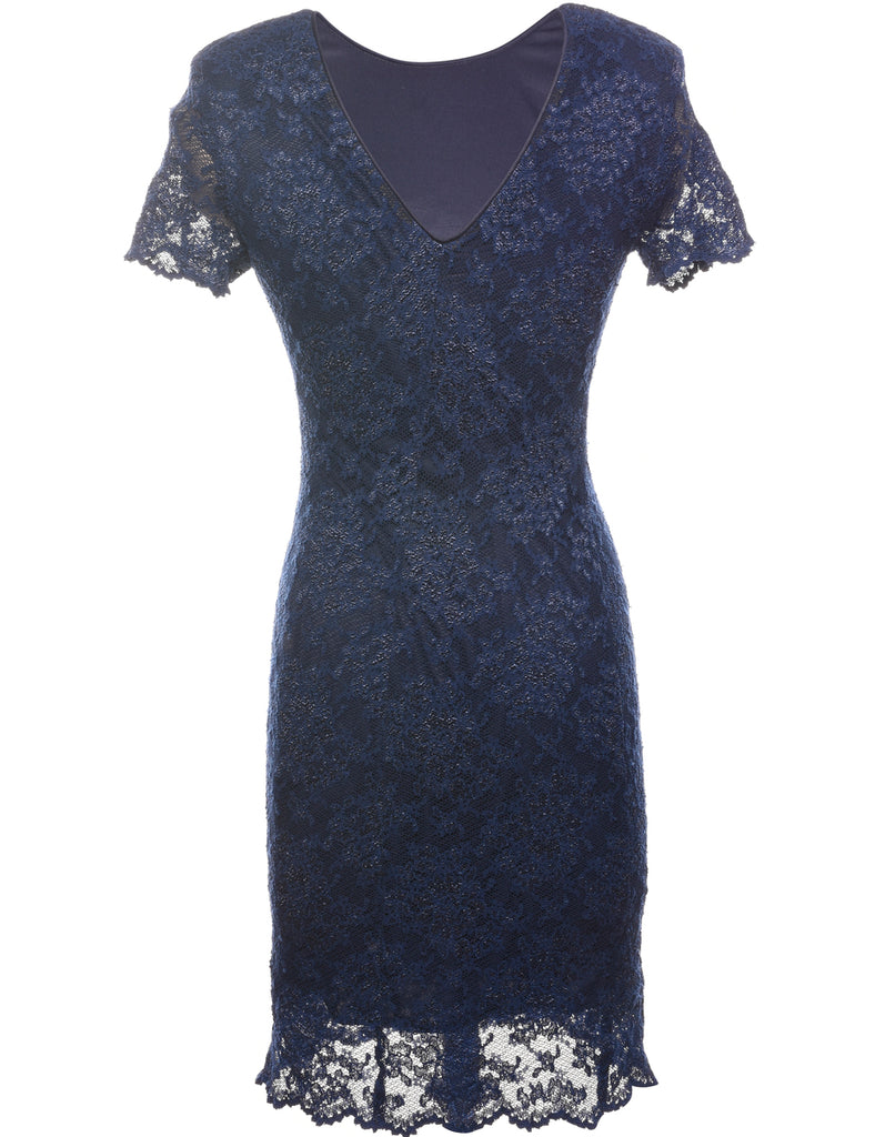 Navy Floral Lace Evening Dress  - S