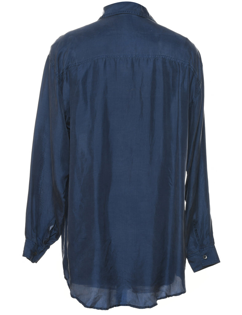 Navy Plain Silk Shirt - M