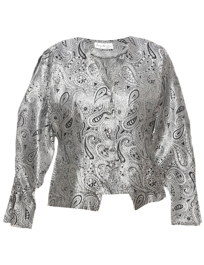Paisley Pattern Silver & Black 1980s Evening Jacket - M
