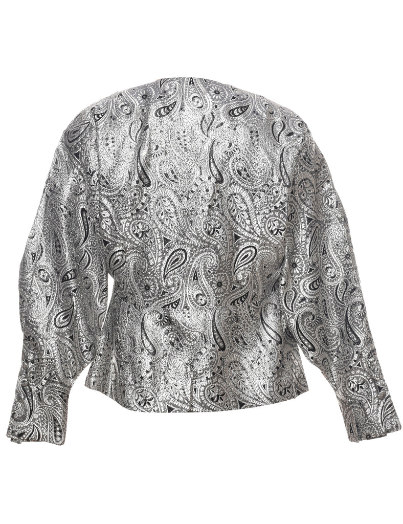 Paisley Pattern Silver & Black 1980s Evening Jacket - M