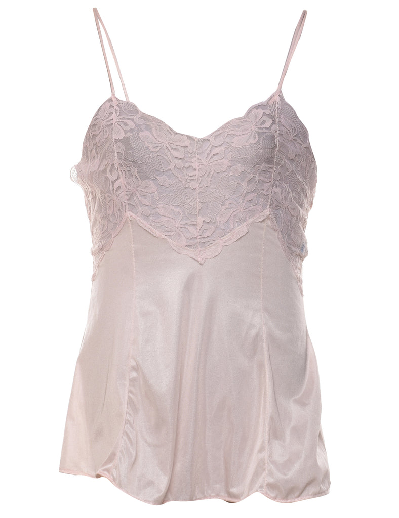 Pale Pink Lace Trim Silky Slip Top - M