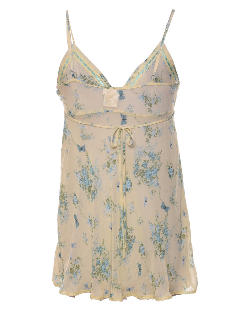 Pale Yellow & Light Blue Sheer Floral Print Slip Dress - S