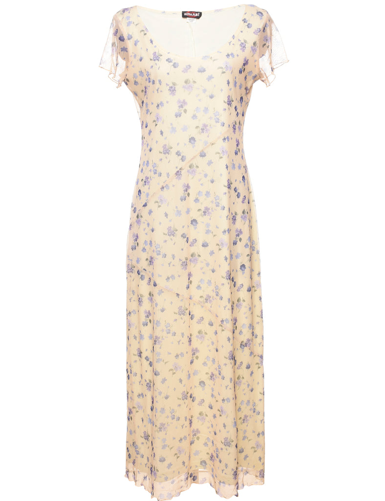 Pale Yellow & Lilac Floral Dress - L