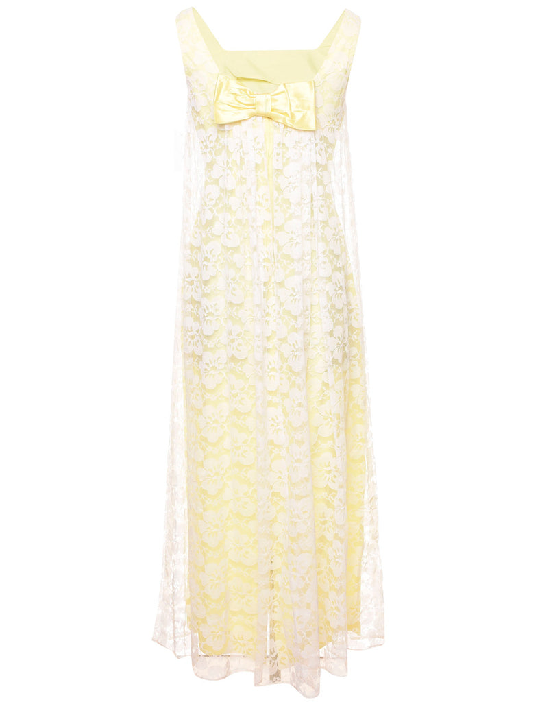 Pale Yellow & White Vintage Lace 1970s Maxi Dress - M