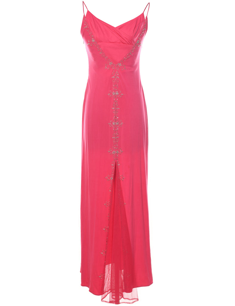 Pink & Silver Embroidered Strappy Evening Dress - L