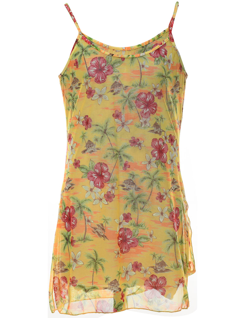 Pink & Yellow Sheer Strappy Hawaiian Slip Dress - M