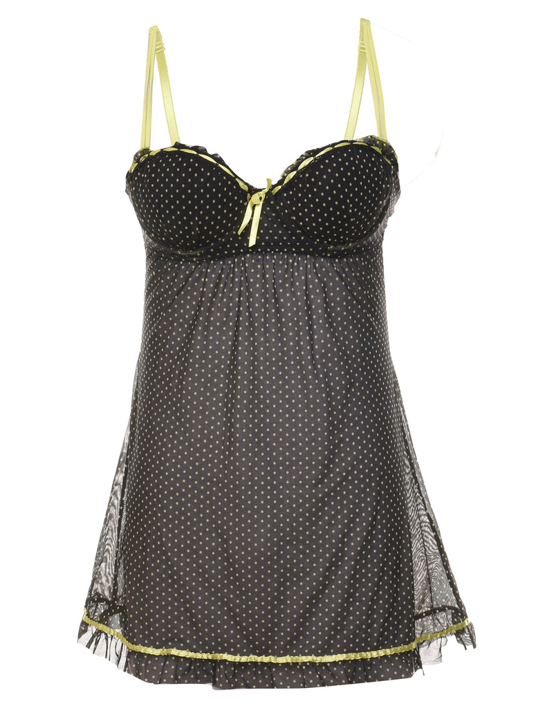 Polka Dot Design Black & Lime Green Sheer Babydoll - XS