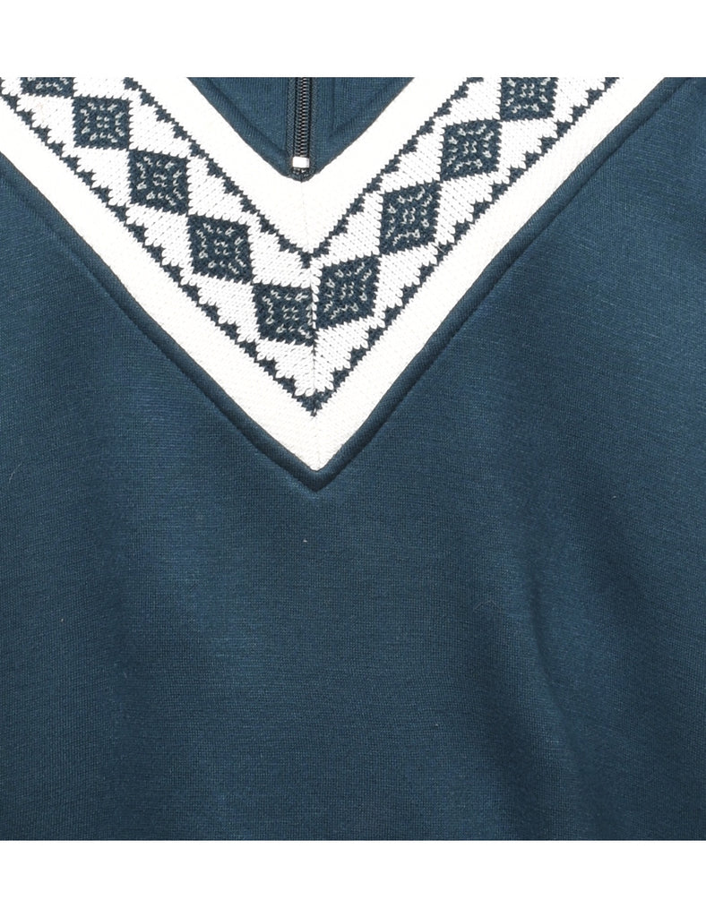 Quarter-Zip Dark Green & White Patterned Sweatshirt - M