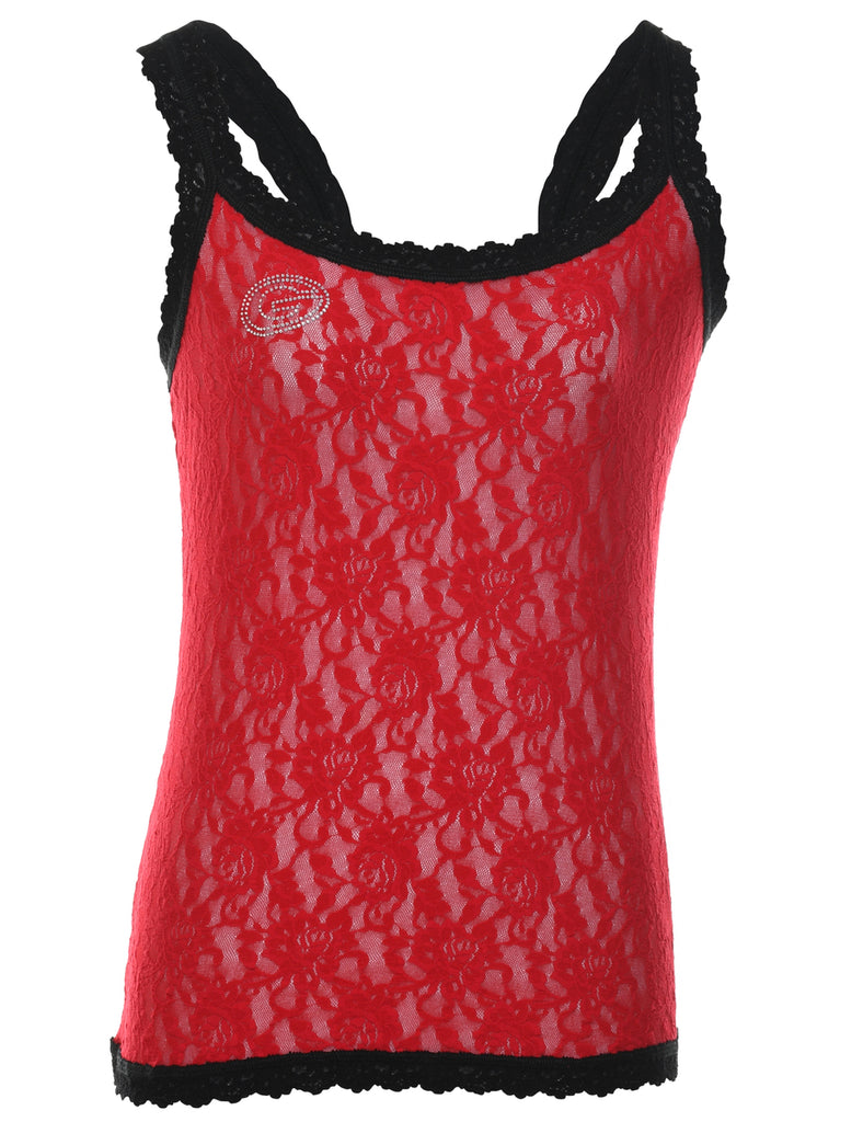 Red & Black Contrast Sheer Lace Vest - M