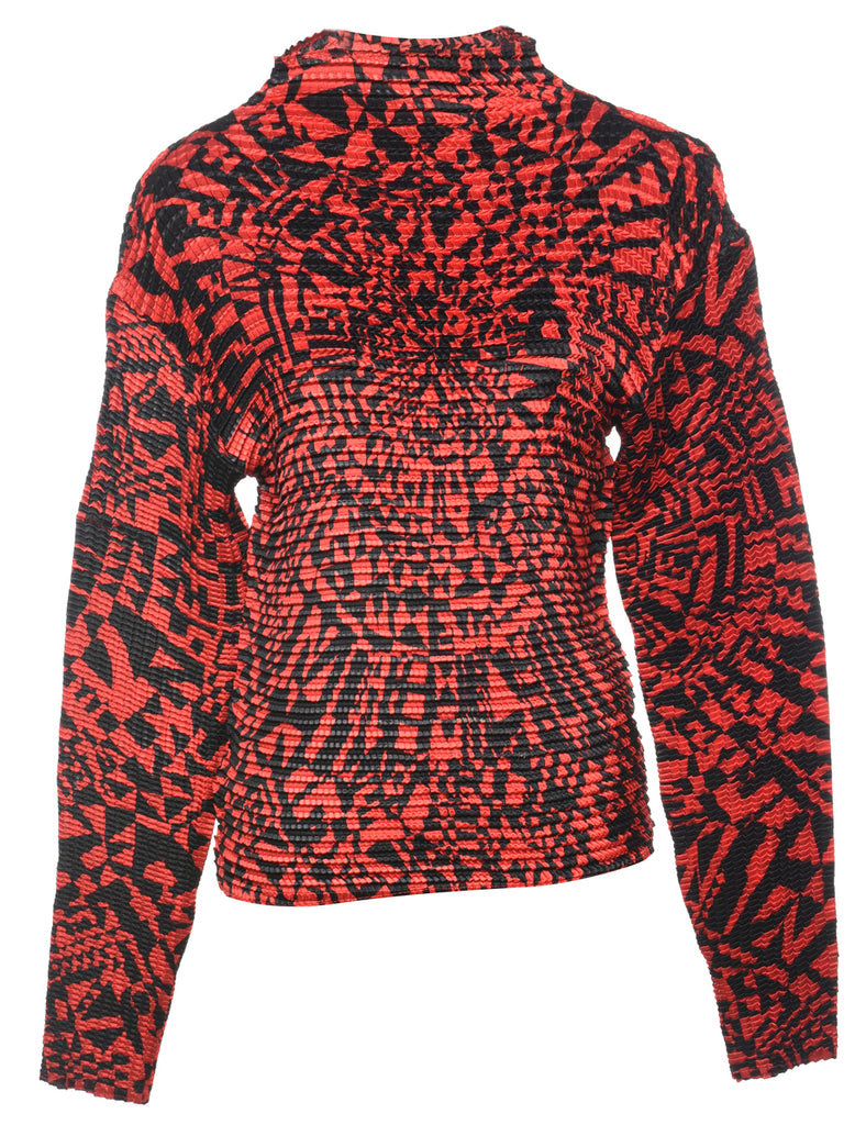 Red & Black Smocked Patterned Top - M