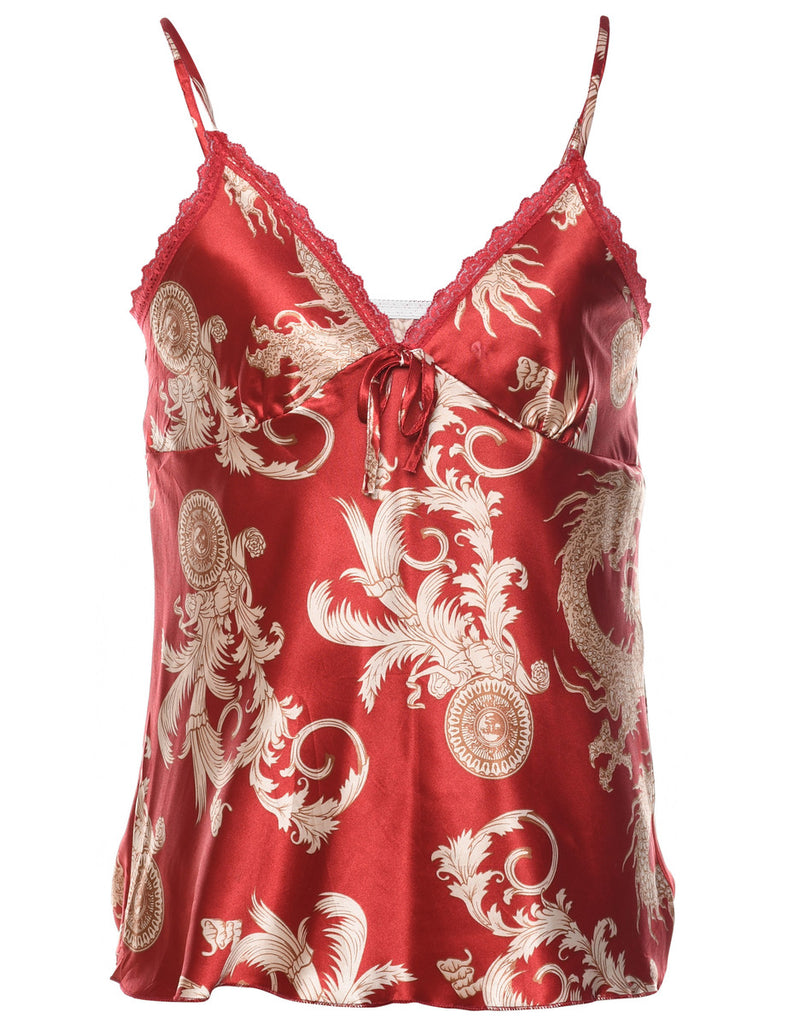 Red & Gold Patterned Lace Trim Cami Top - M