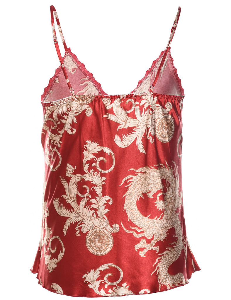 Red & Gold Patterned Lace Trim Cami Top - M