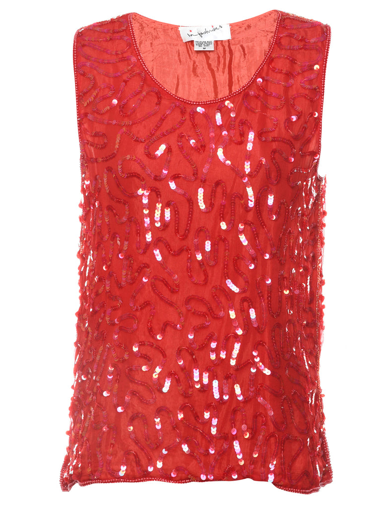 Red Sequined Silk Party Top - M