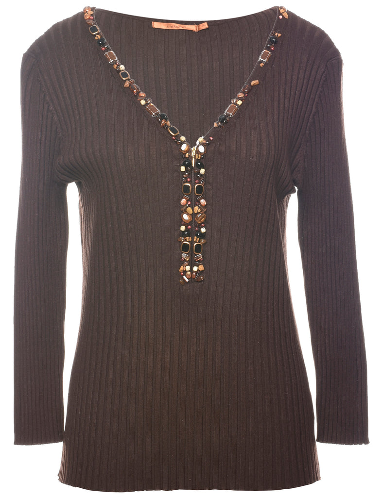 Ribbed Dark Brown Jumper - XL