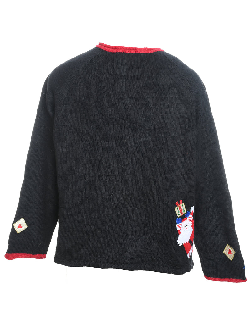 Santa Claus Design Black Appliqued Christmas Jumper - M