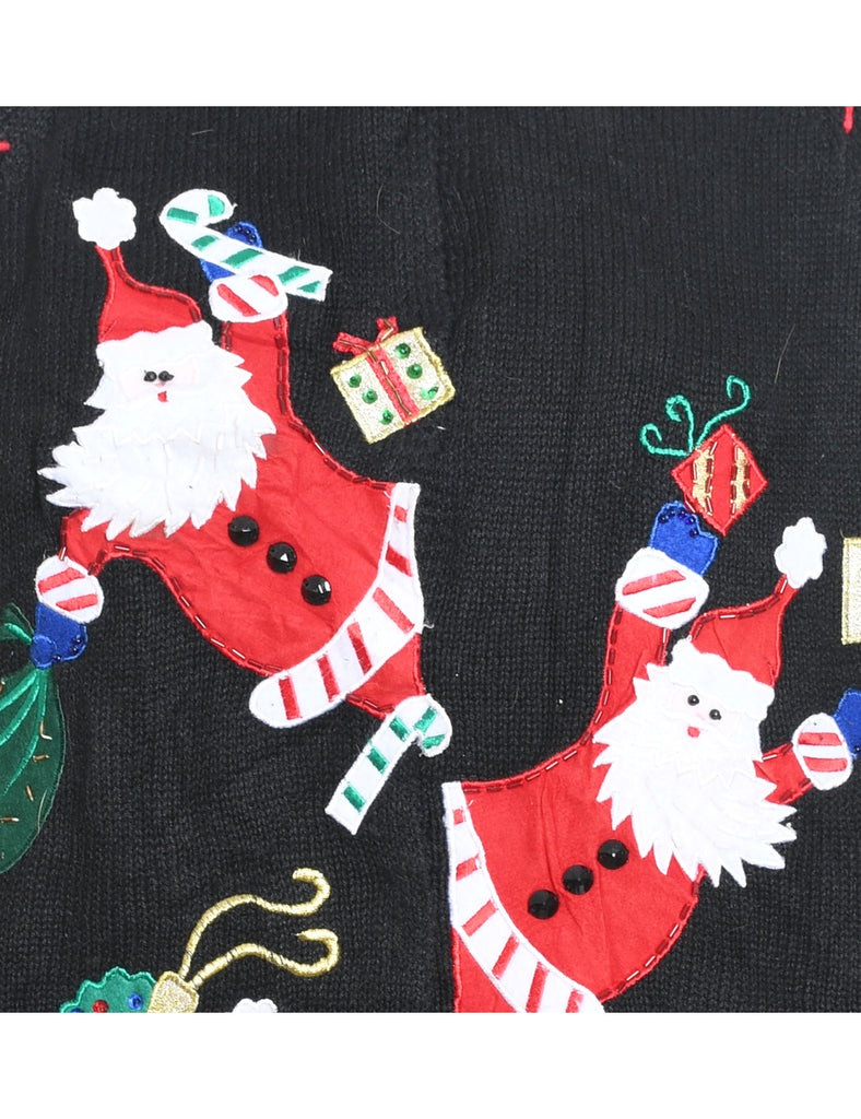 Santa Claus Design Black Appliqued Christmas Jumper - M