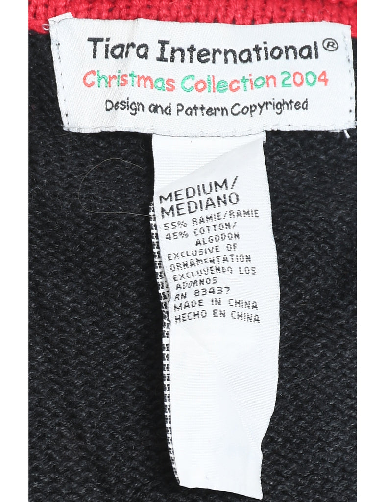 Santa Claus Design Black Appliqued Christmas Jumper - M