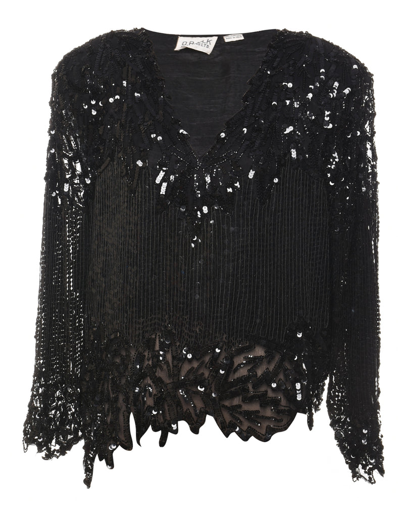 Sequined & Beaded Silk Party Top - L