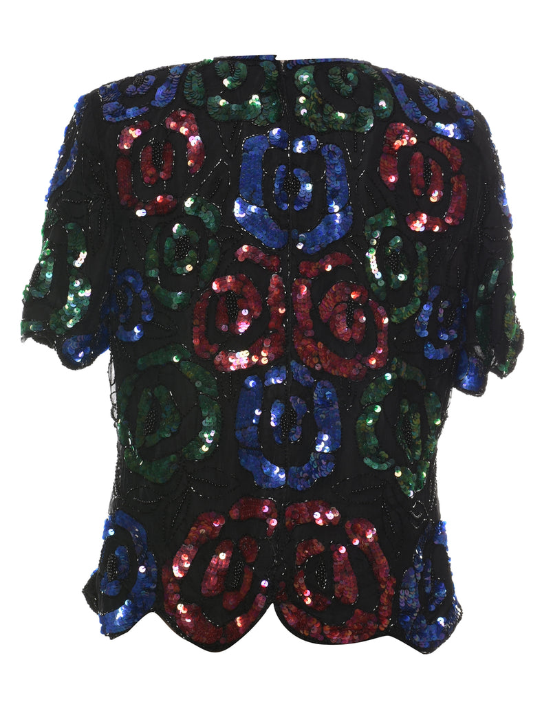 Sequined & Beaded Silk Party Top - L