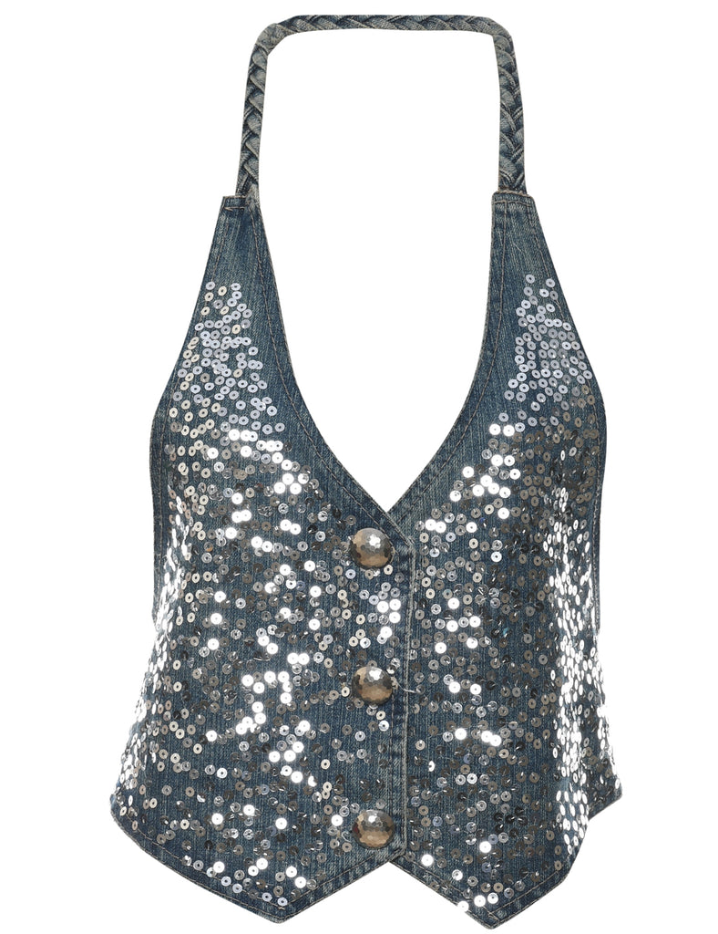 Sequined Denim Jacket Vest - S