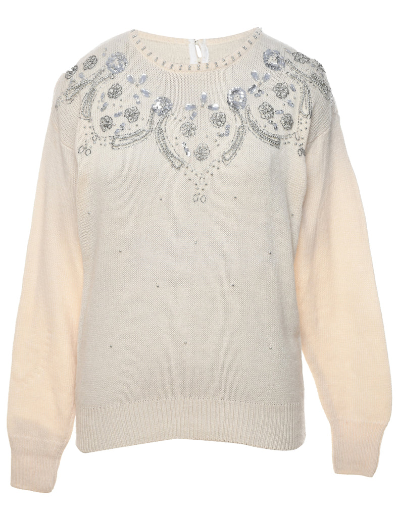 Sequined Off White Jumper - M
