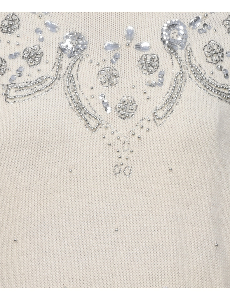 Sequined Off White Jumper - M