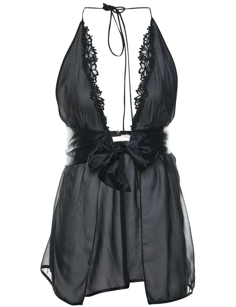 Sheer Black Lace Trim Babydoll - M