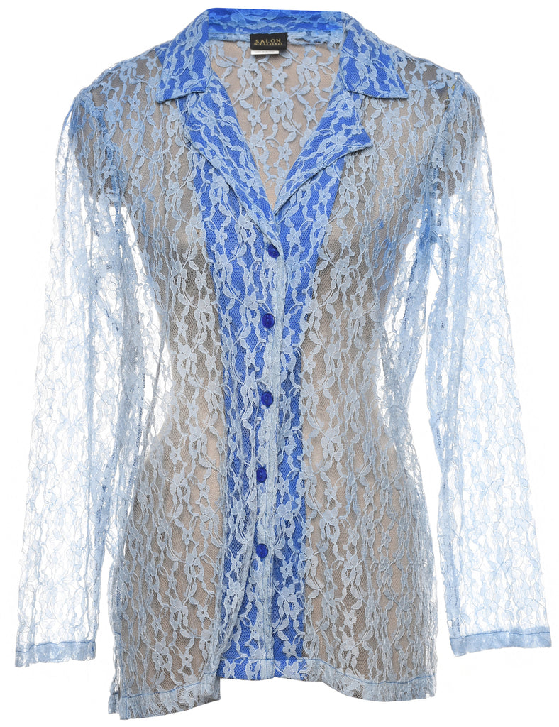 Sheer Blue Lace Evening Blouse - L