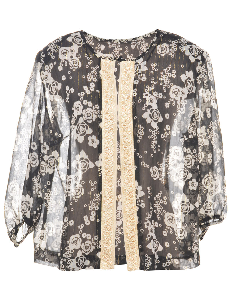 Sheer Effect Monochrome Floral Blouse - L