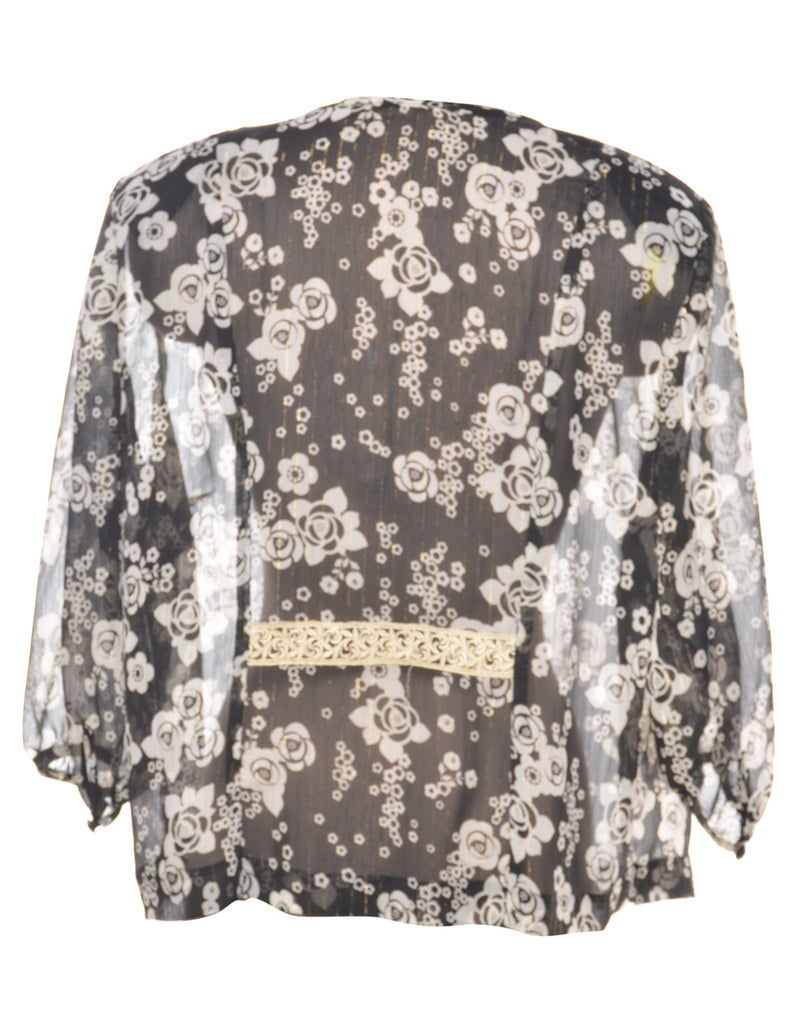 Sheer Effect Monochrome Floral Blouse - L