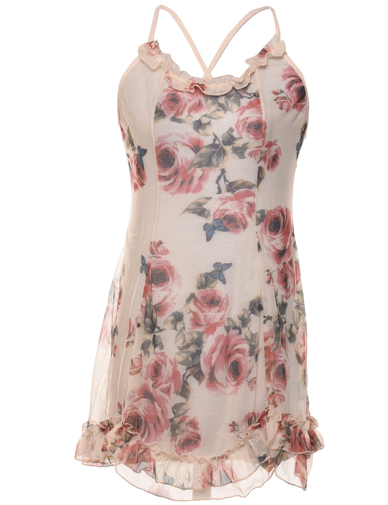 Sheer Multi-Colour Strappy Floral Slip Dress - M