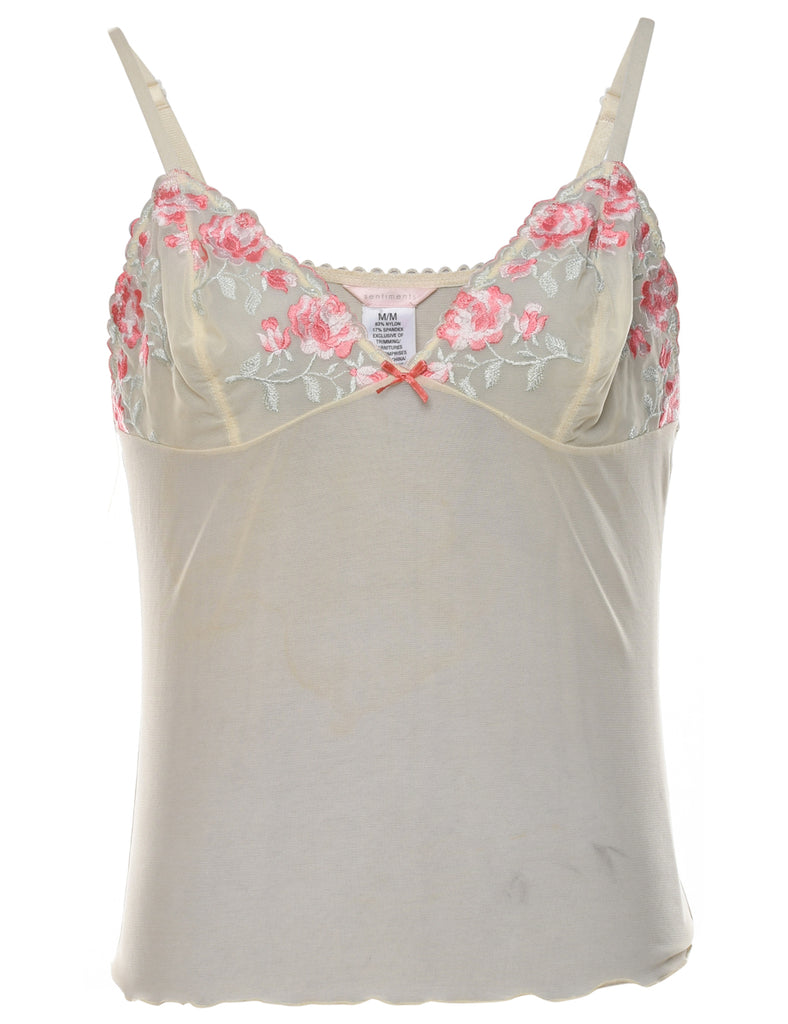 Sheer Pale Yellow Embroidered Cami Top - M